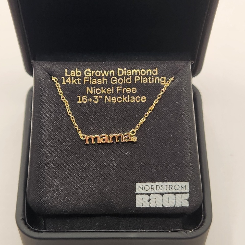 New Gemma 14kt Flash Gold Plated Lab Grown Diamond Mama Pendant Necklace 16"+3"